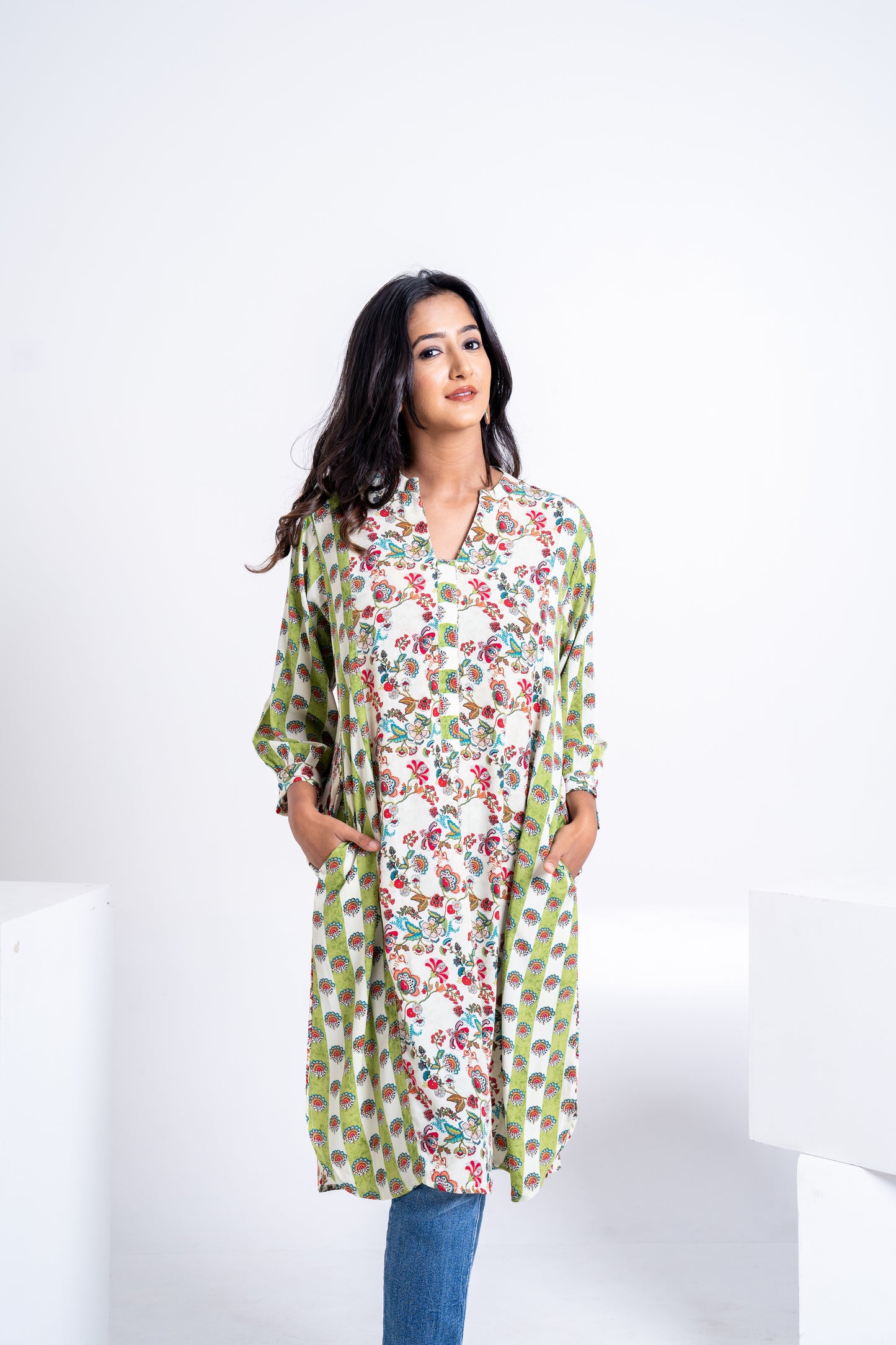 Ivory Green Chintz Long Tunic