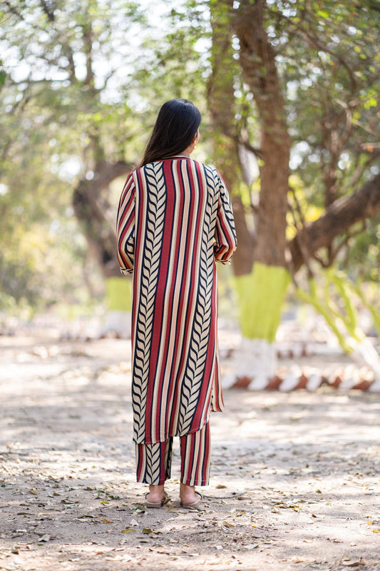 Red & Beige Vertical Print Co-ord Set
