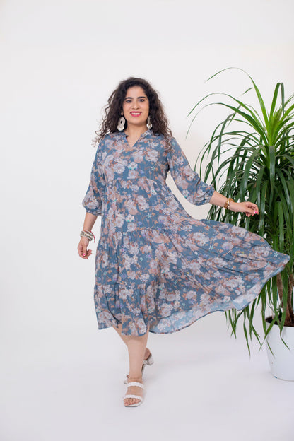 Taupe Grey Flower Layered Dress