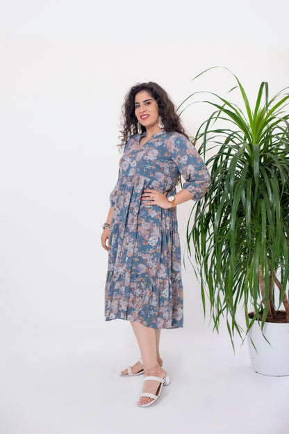 Taupe Grey Flower Layered Dress