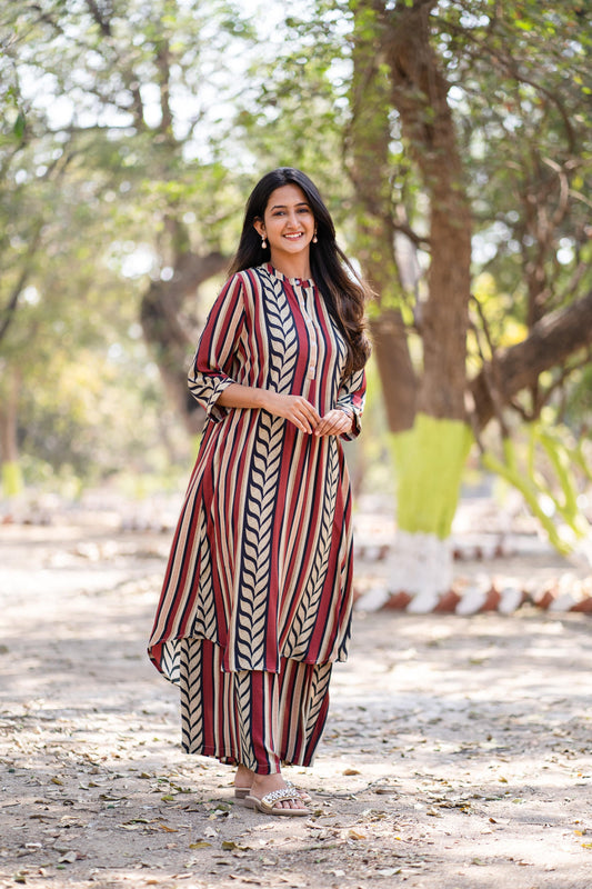 Red & Beige Vertical Print Co-ord Set