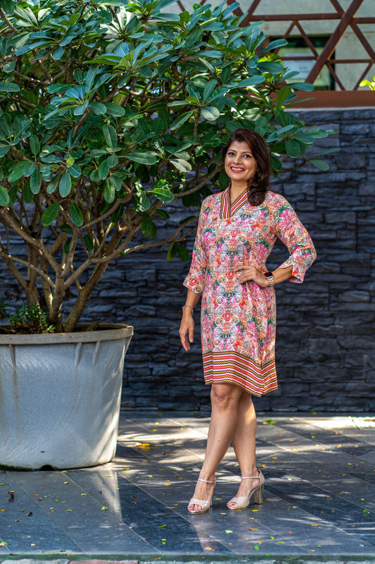 Beige Printed Shift Dress - Jeeaayanu Fashion