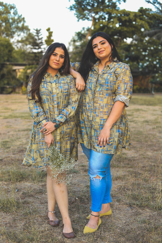 Blue and pista color abstract digital print smart tunic dress - Jeeaayanu Fashion