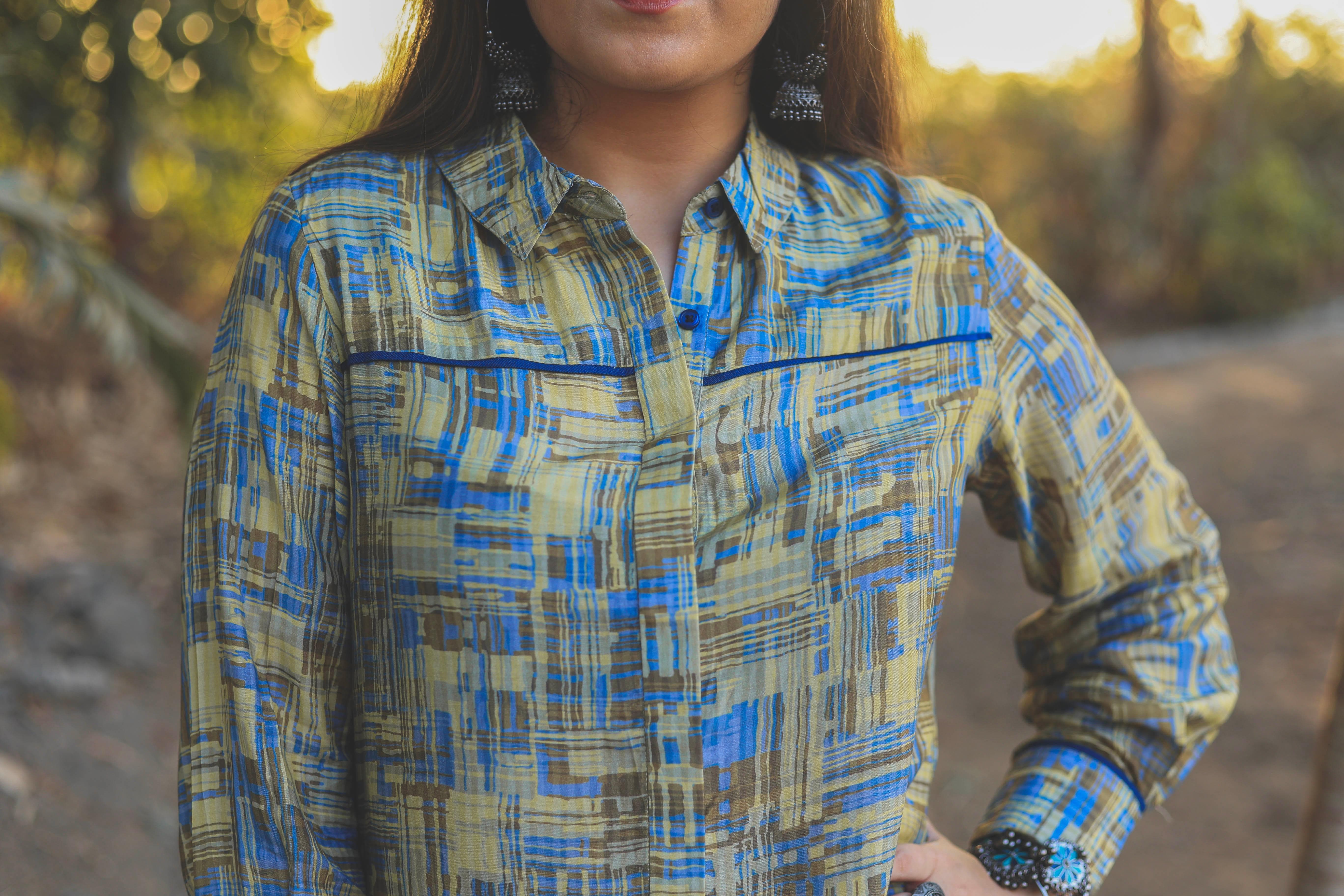 Blue and pista color abstract digital print smart tunic dress - Jeeaayanu Fashion