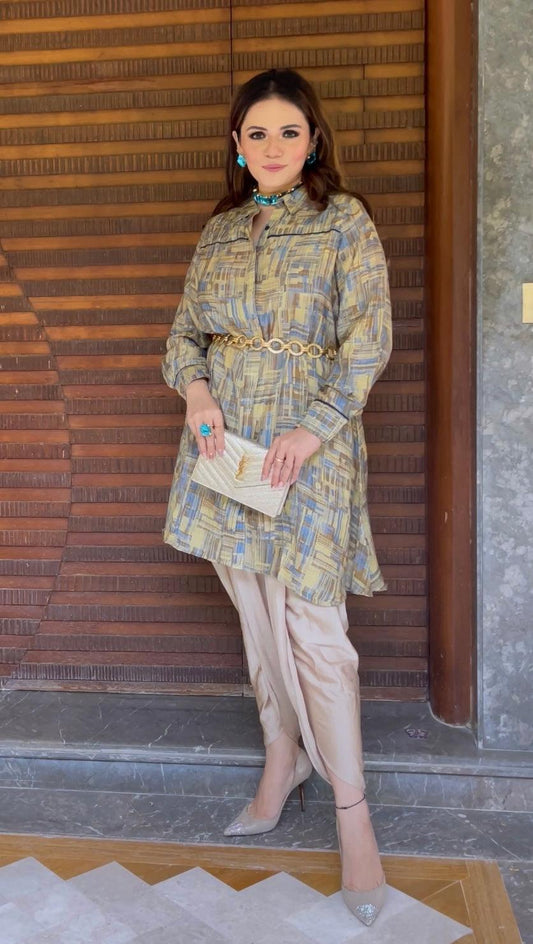 Blue and pista color abstract digital print smart tunic dress - Jeeaayanu Fashion