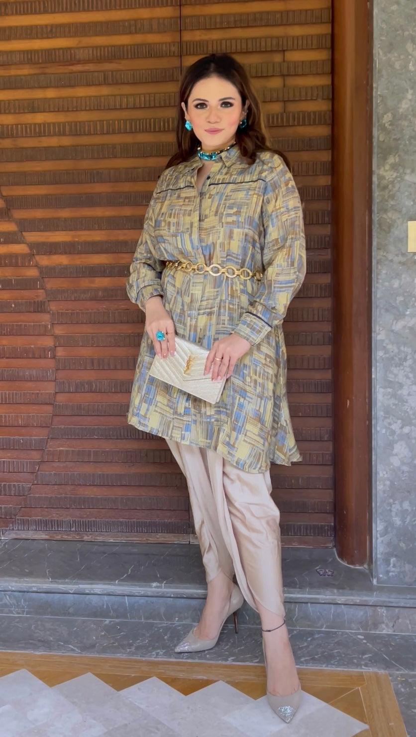 Blue and pista color abstract digital print smart tunic dress - Jeeaayanu Fashion