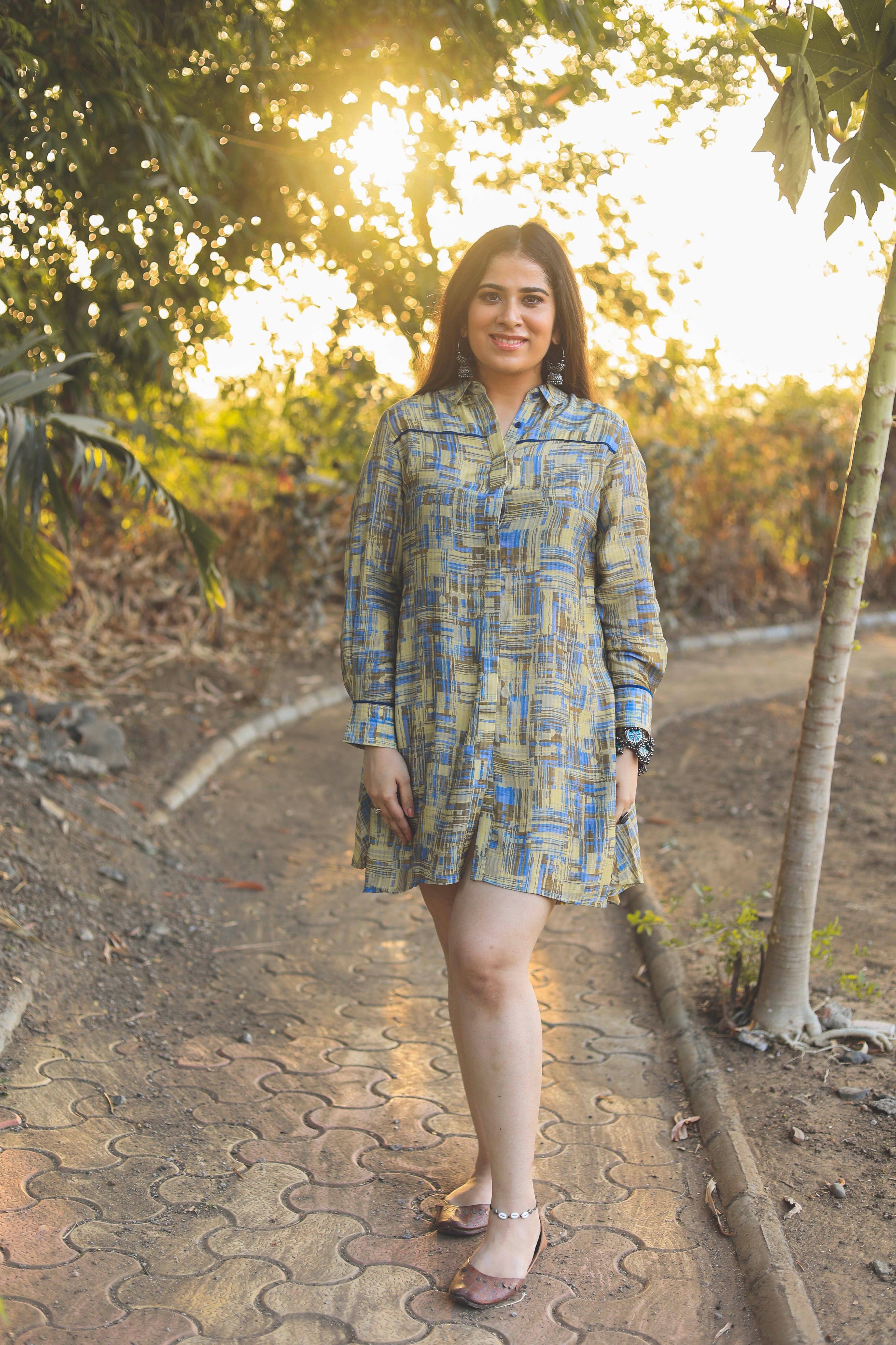 Blue and pista color abstract digital print smart tunic dress