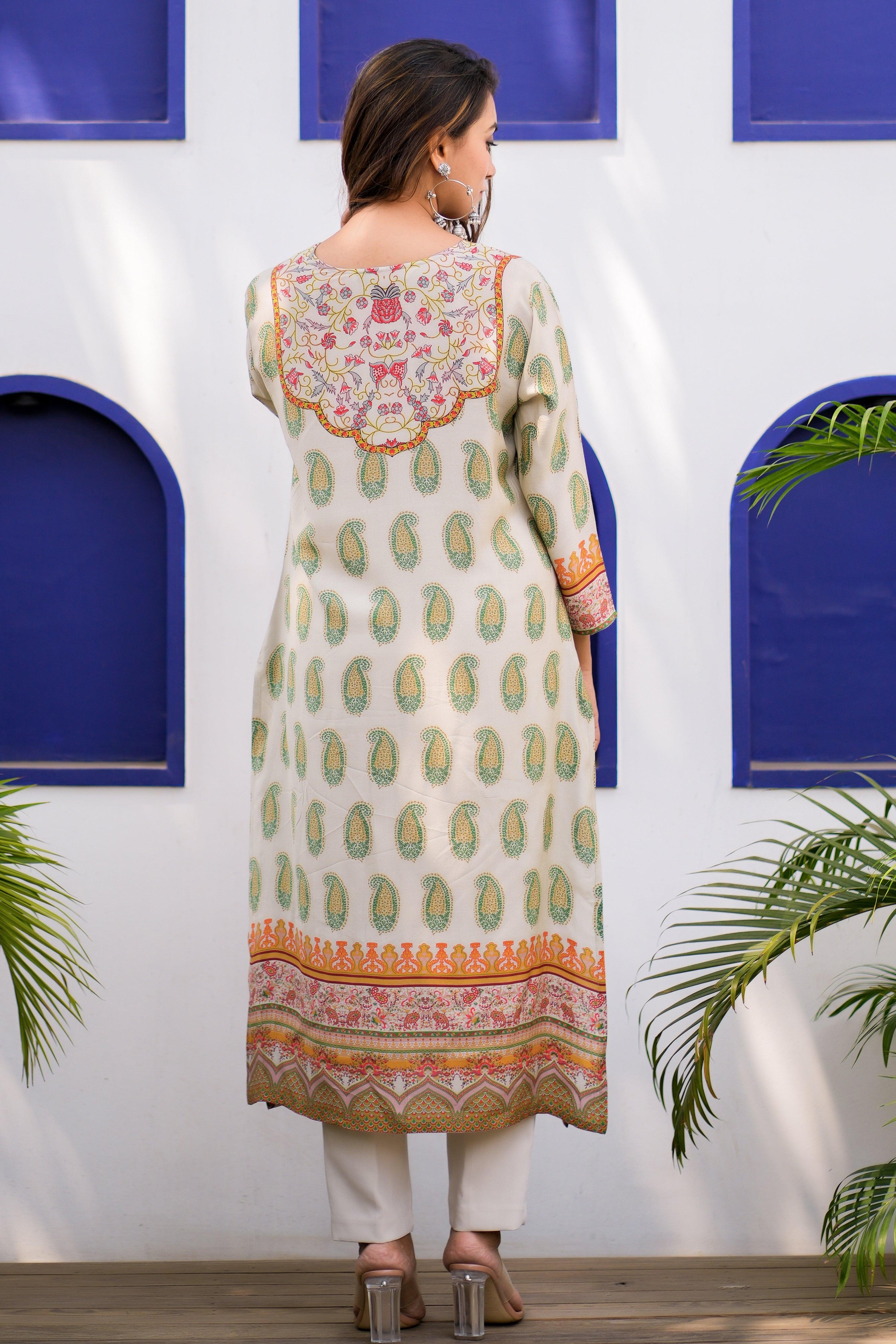 Cream Moss Kurta - Jeeaayanu Fashion