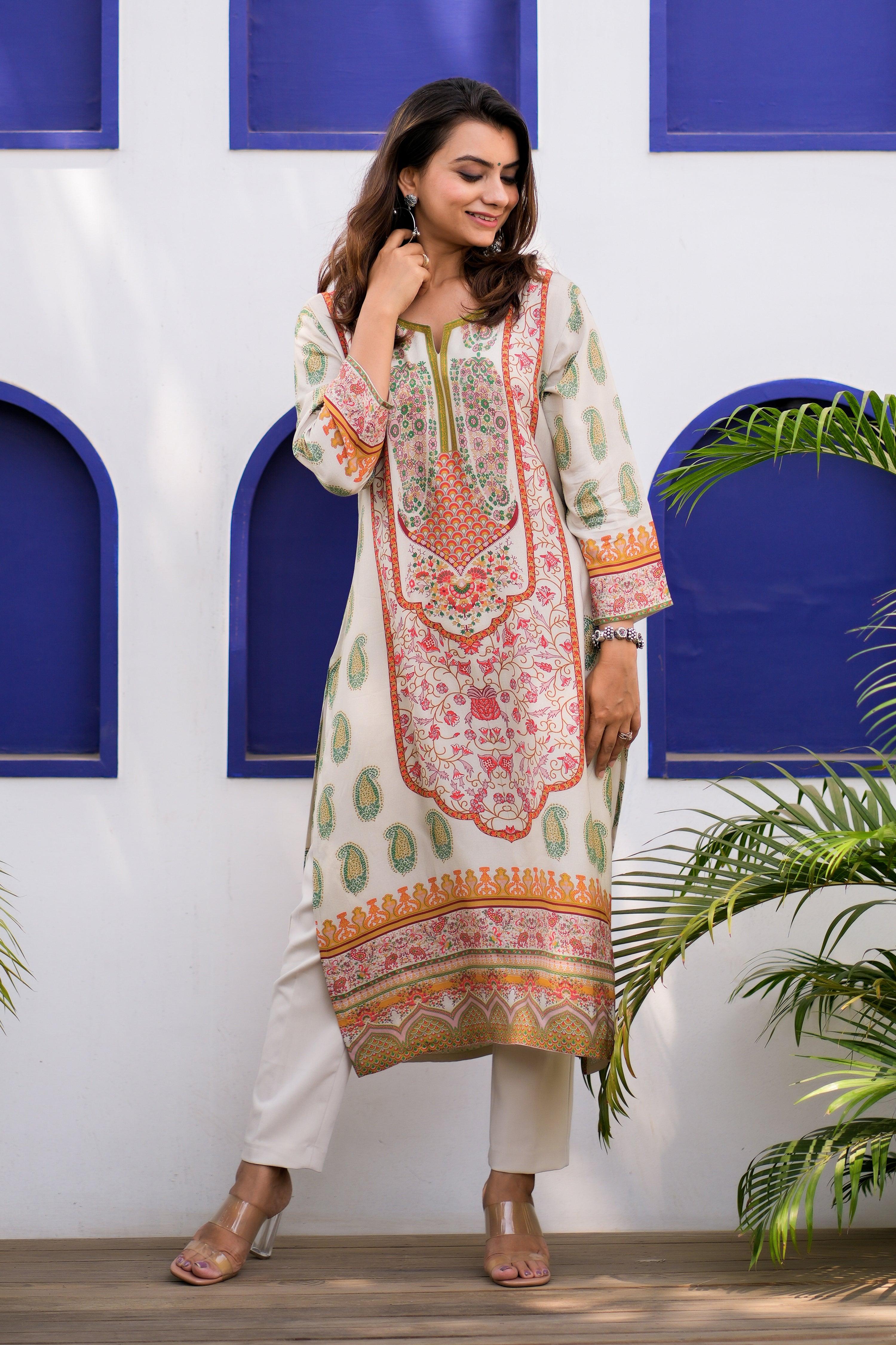 Cream Moss Kurta - Jeeaayanu Fashion