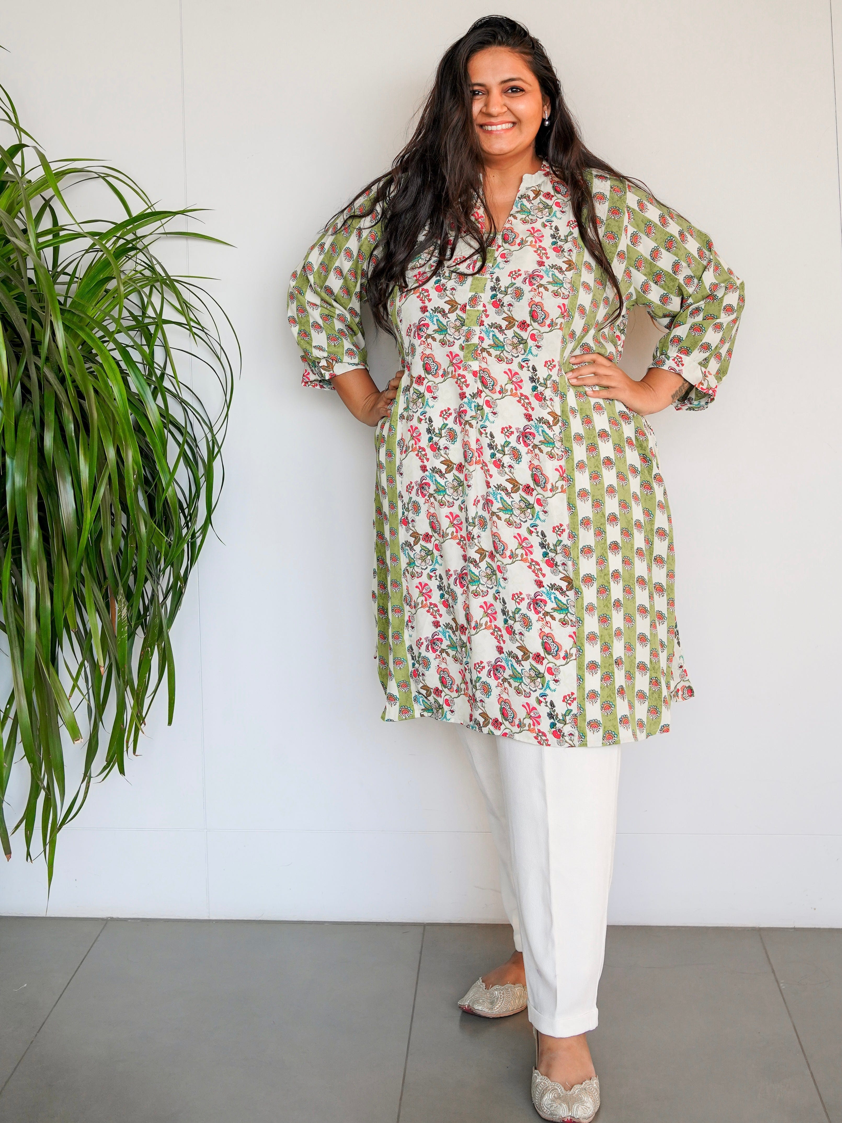 Ivory Green Chintz Long Tunic - Jeeaayanu Fashion