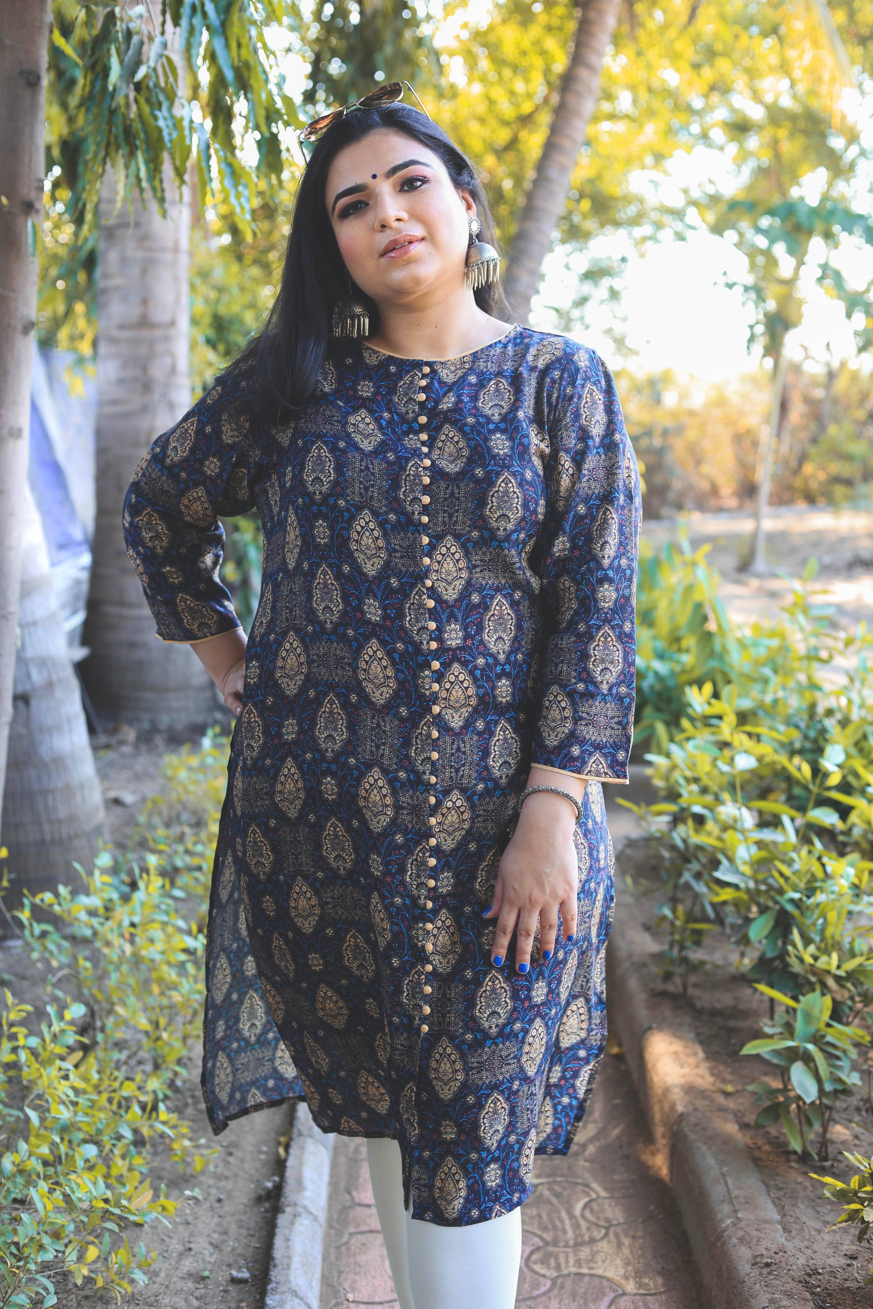 Navy blue and Beige Booti Digital Print Kurta - Jeeaayanu Fashion