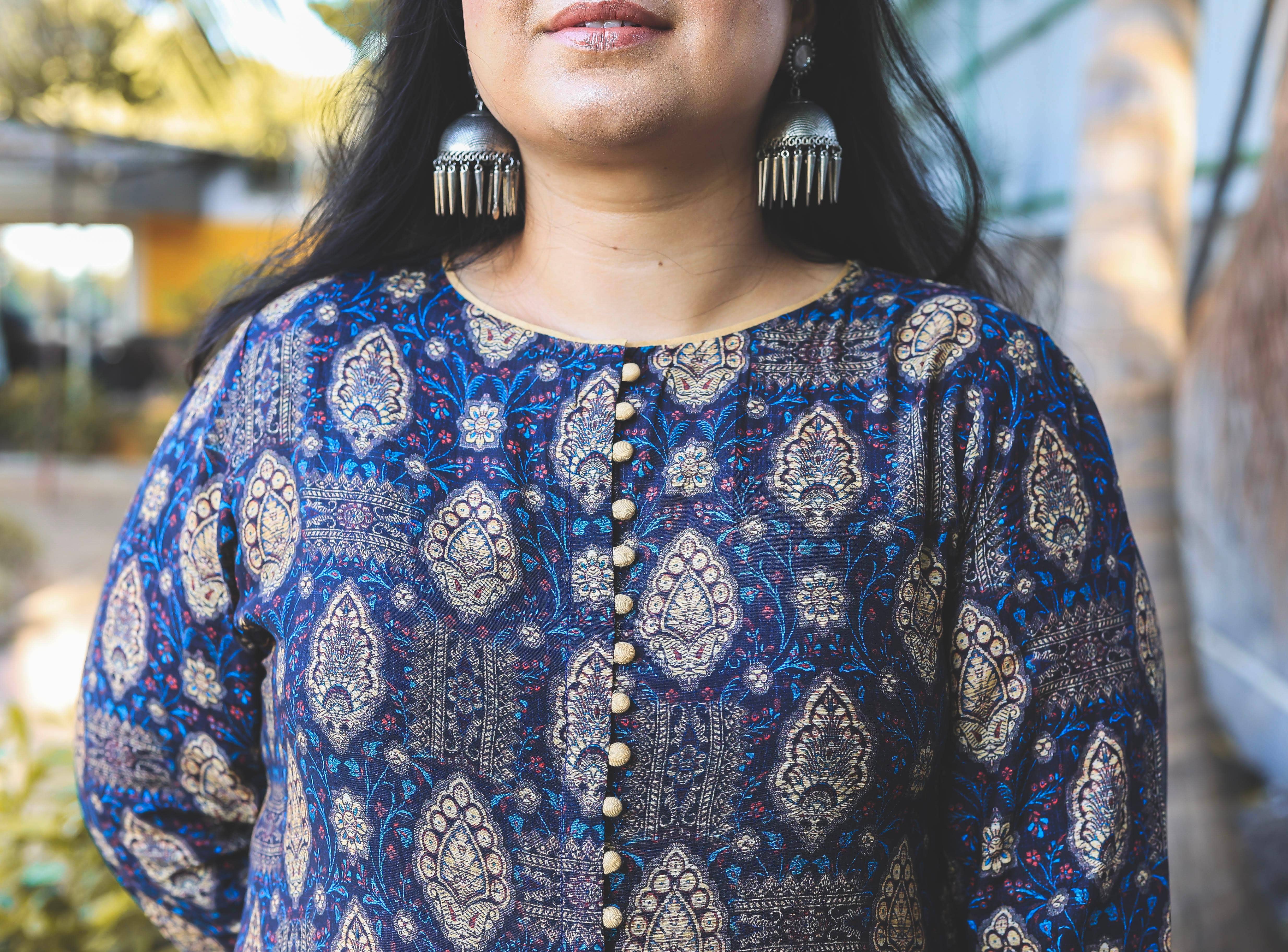 Navy blue and Beige Booti Digital Print Kurta - Jeeaayanu Fashion