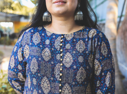 Navy blue and Beige Booti Digital Print Kurta - Jeeaayanu Fashion