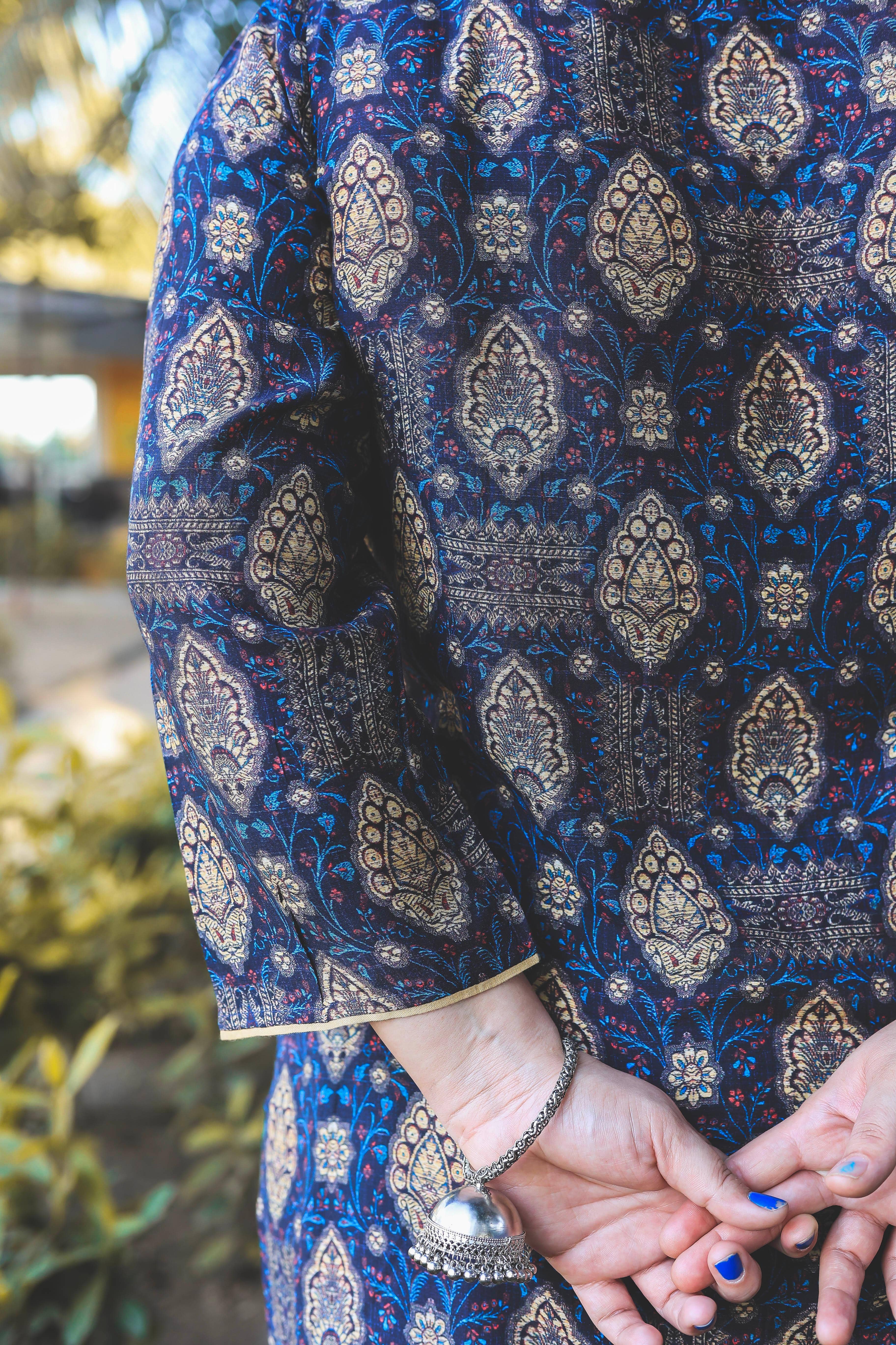 Navy blue and Beige Booti Digital Print Kurta - Jeeaayanu Fashion