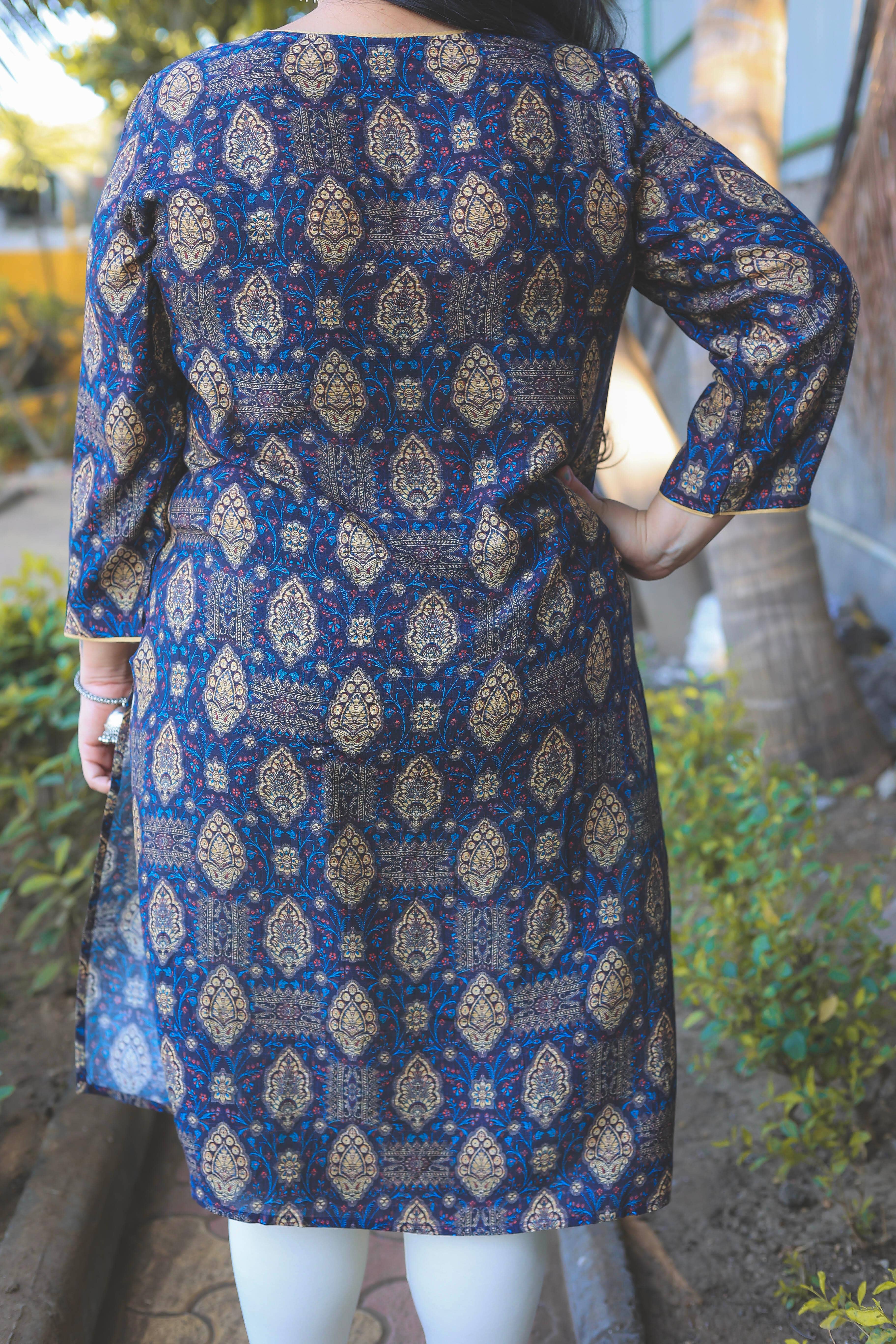 Navy blue and Beige Booti Digital Print Kurta - Jeeaayanu Fashion