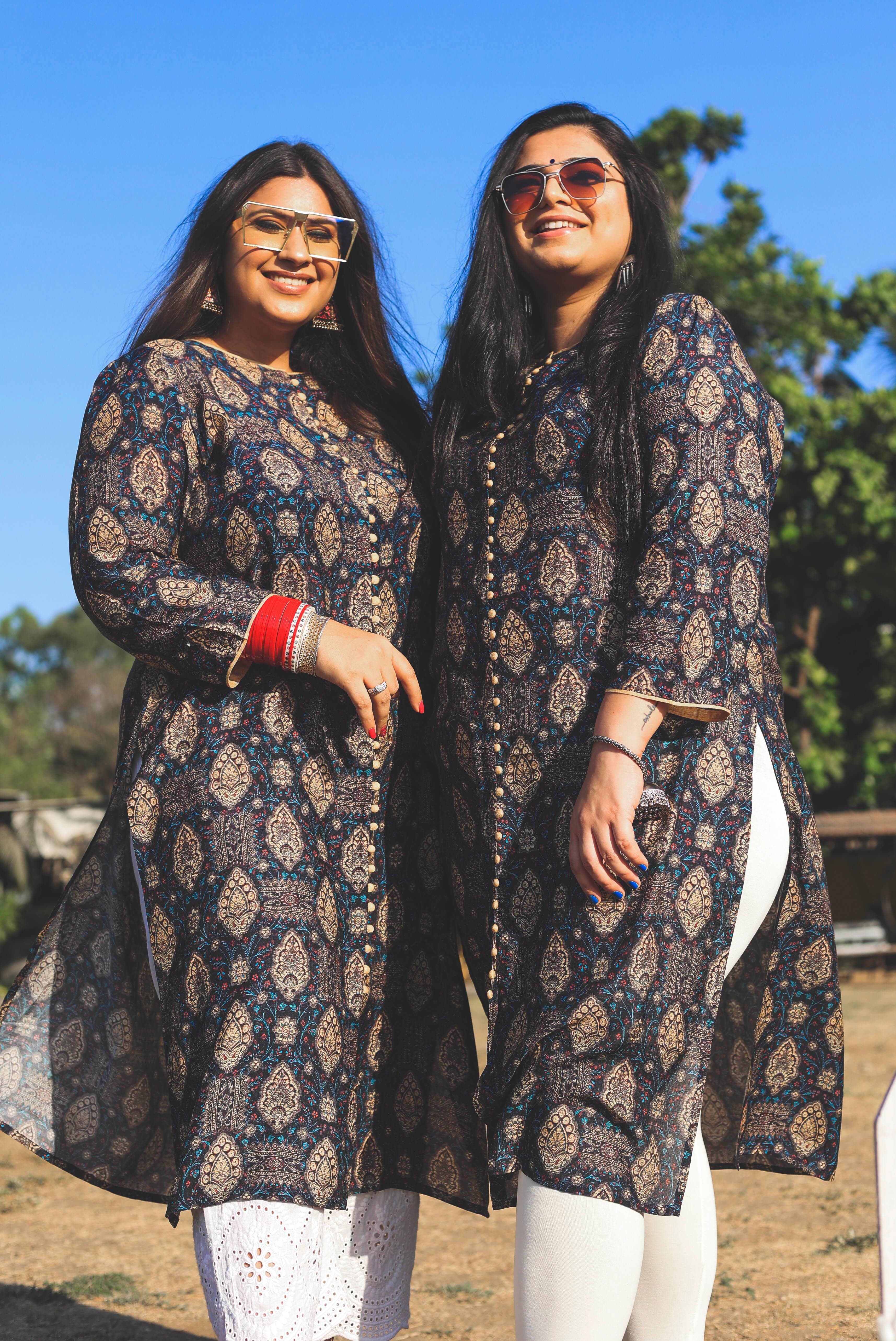 Navy blue and Beige Booti Digital Print Kurta - Jeeaayanu Fashion