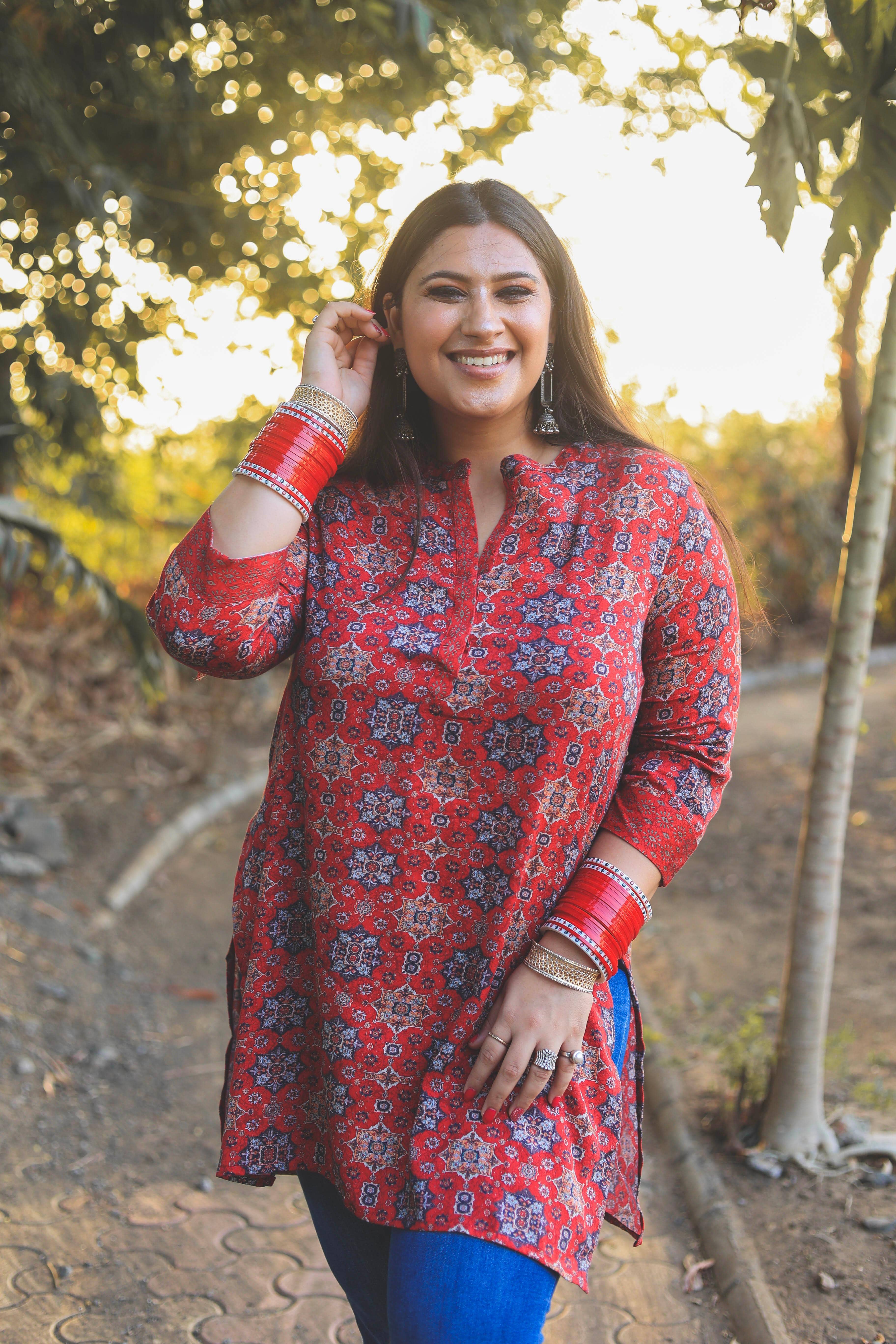 Red Bohemian Digital Printed Short Kurta cum Tunic - Jeeaayanu Fashion