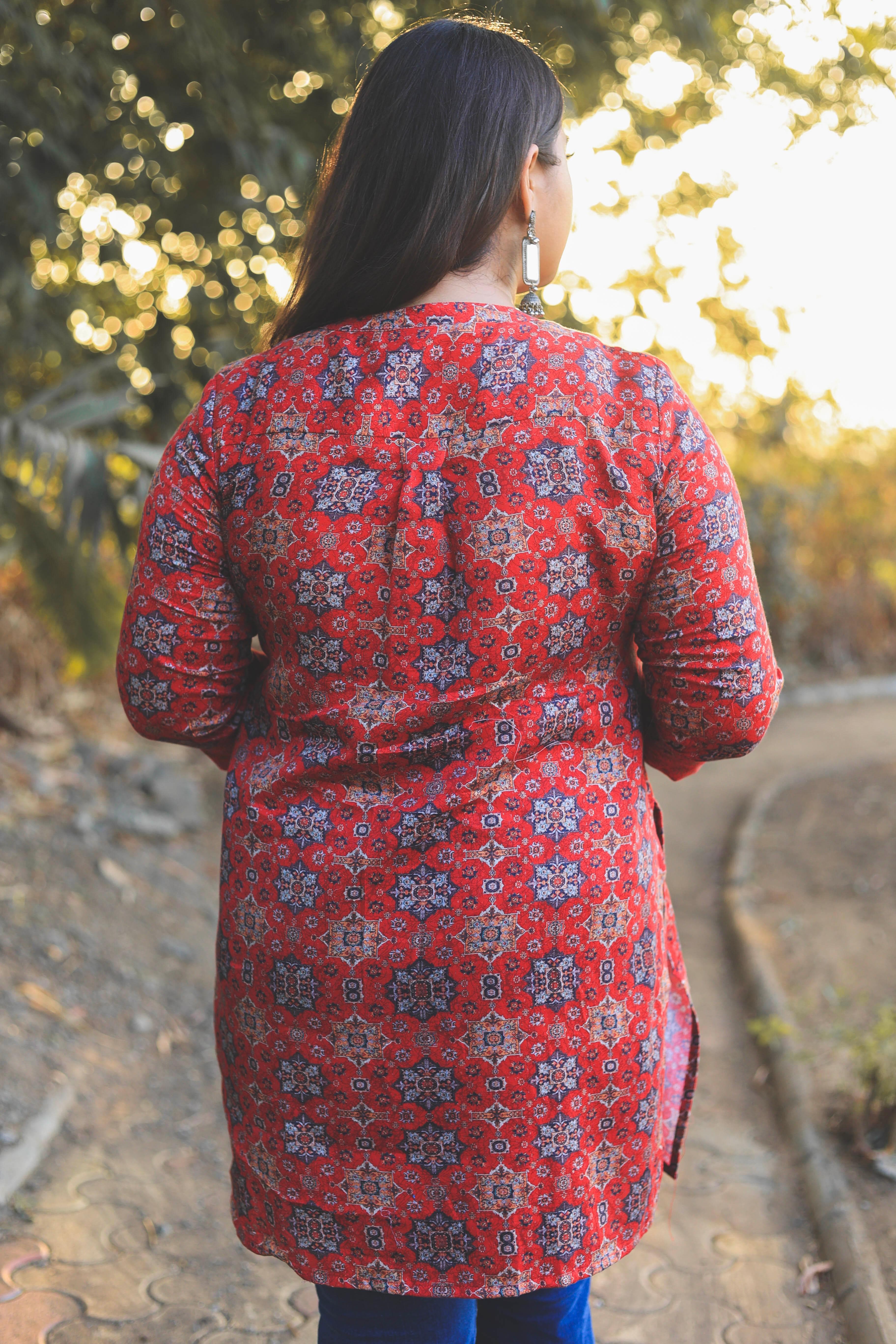 Red Bohemian Digital Printed Short Kurta cum Tunic - Jeeaayanu Fashion