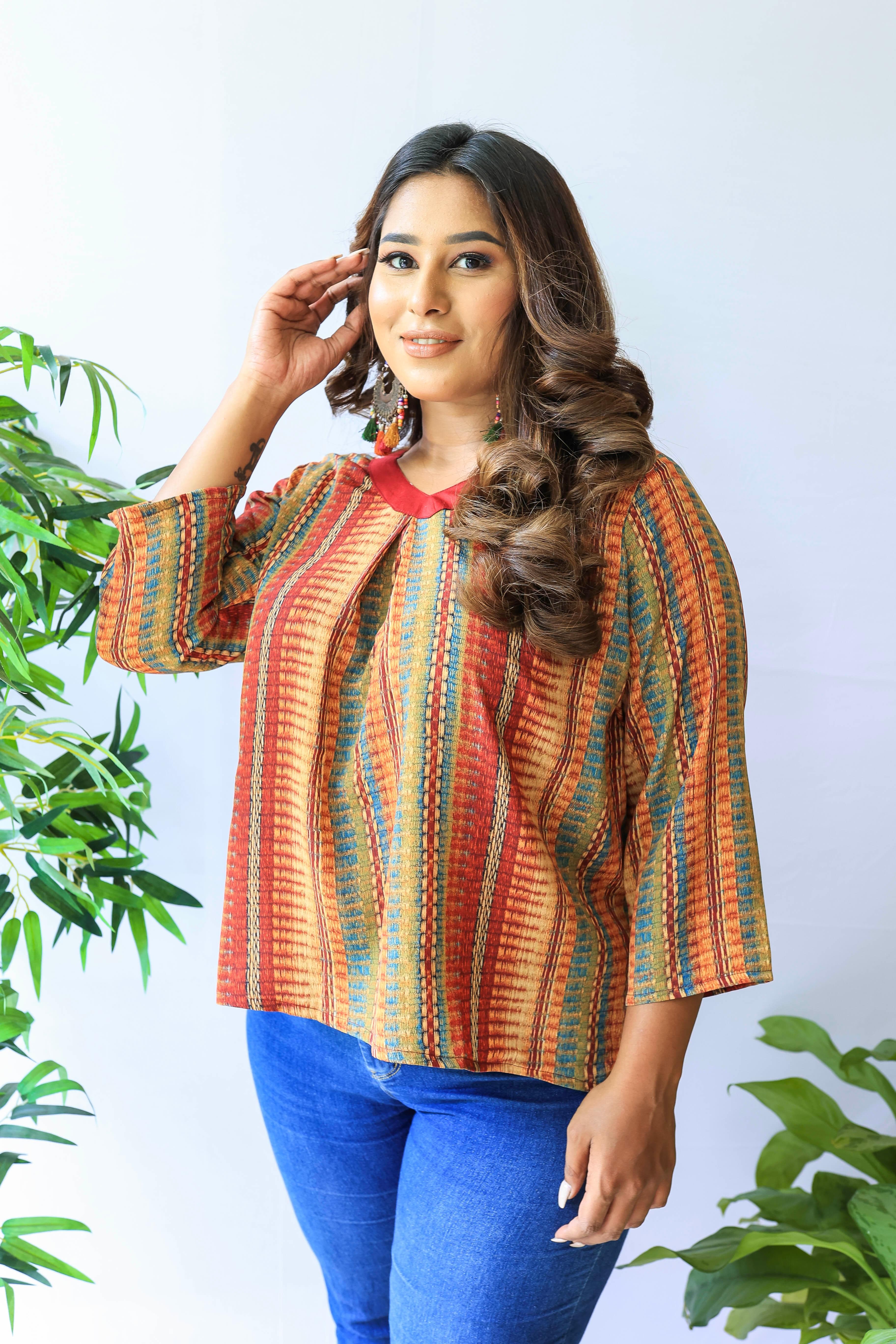 Red Causal V Neck Top - Jeeaayanu Fashion