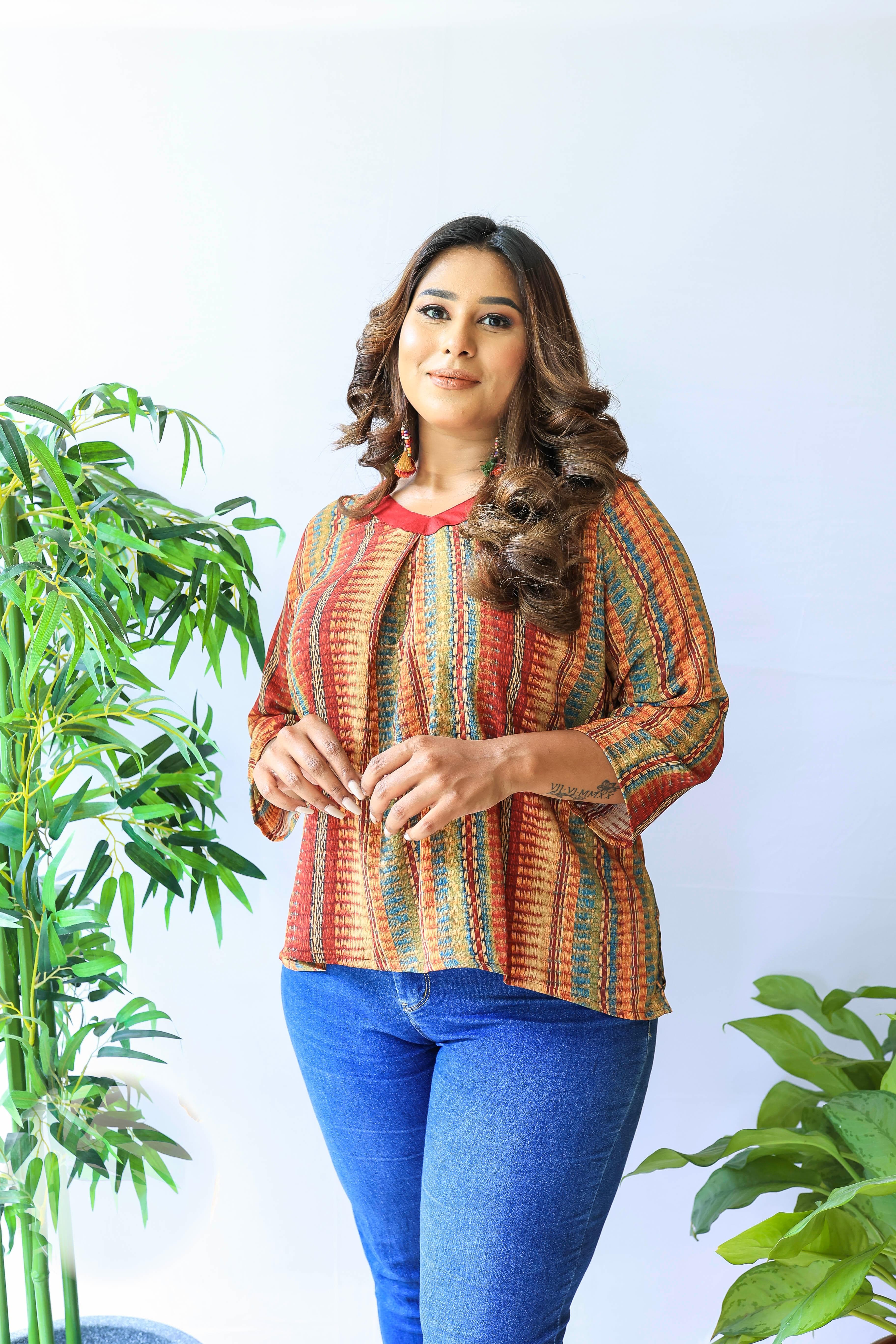 Red Causal V Neck Top - Jeeaayanu Fashion