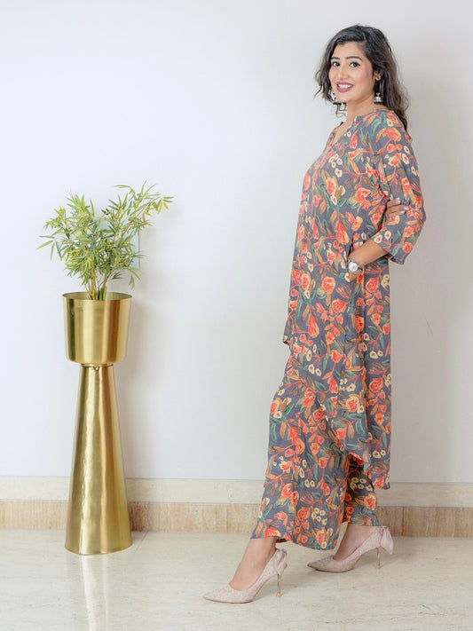 Subtle Flower Aysmmetrical Coord Set - Jeeaayanu Fashion