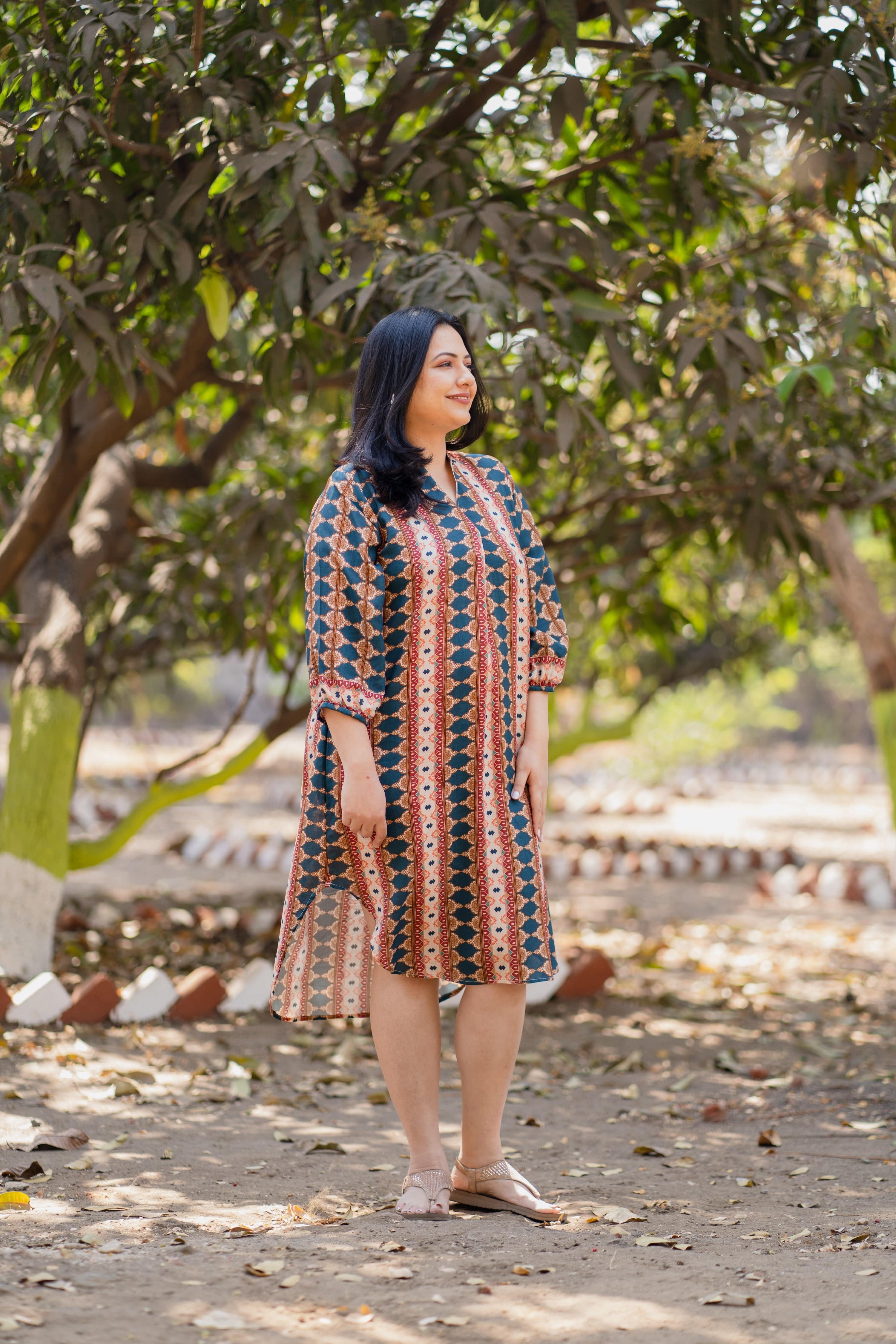 Teal Retro tunic Dress - Jeeaayanu Fashion