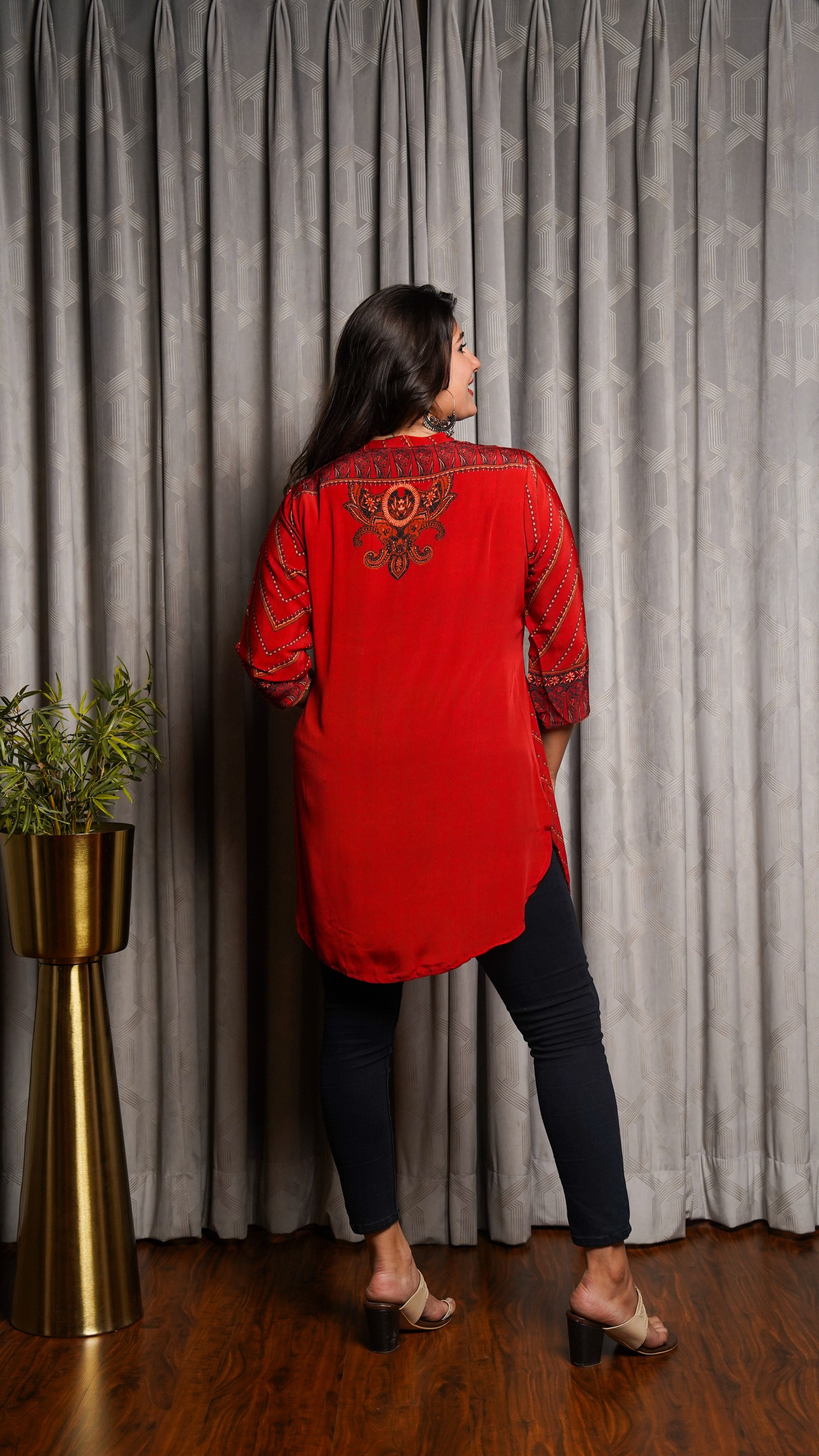 Tomato Red Placement Tunic - Jeeaayanu Fashion