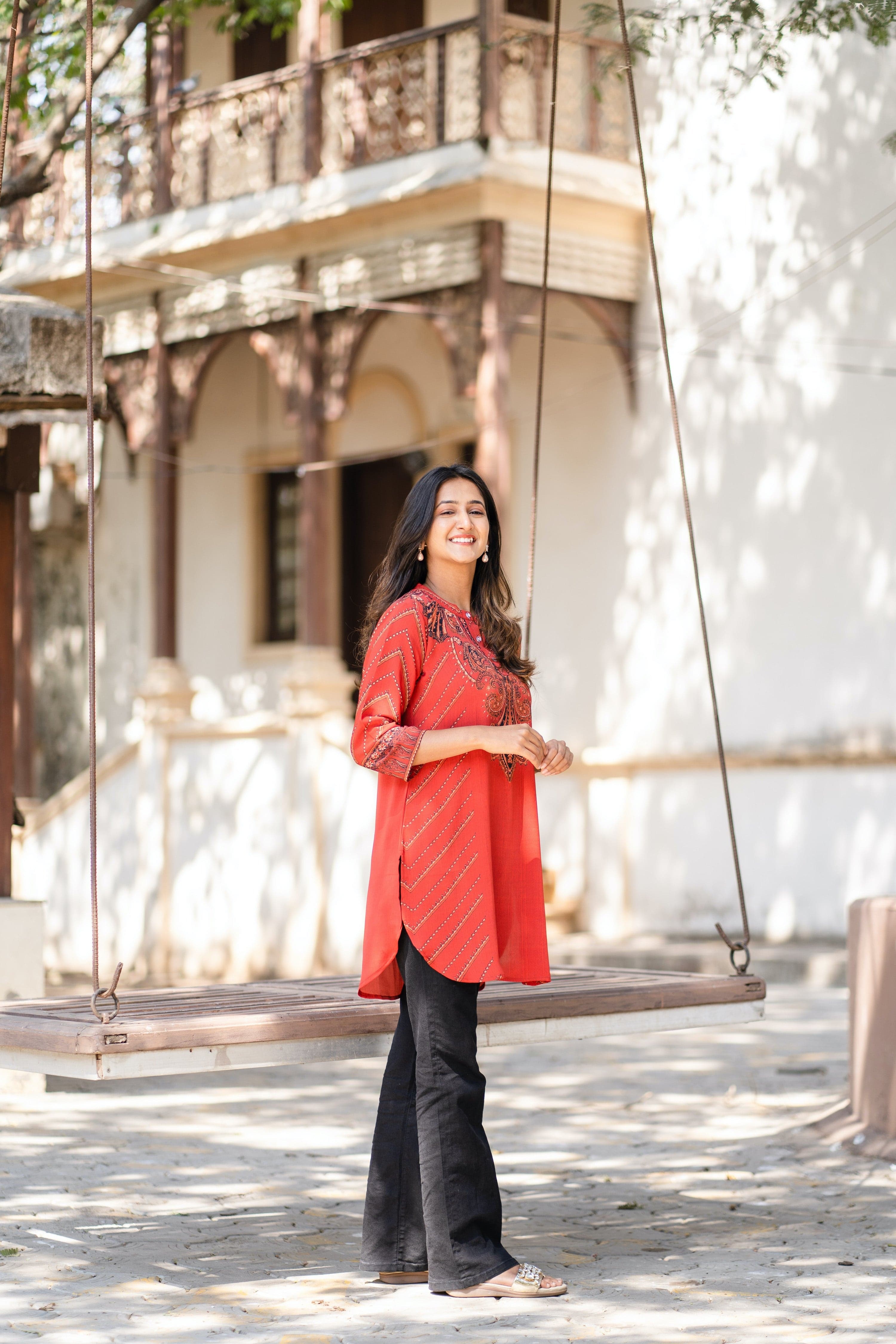 Tomato Red Placement Tunic - Jeeaayanu Fashion