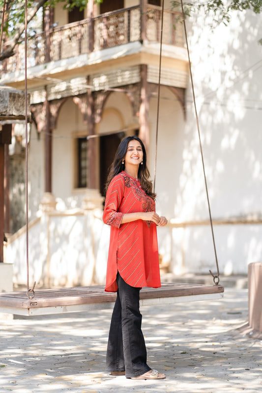 Tomato Red Placement Tunic - Jeeaayanu Fashion