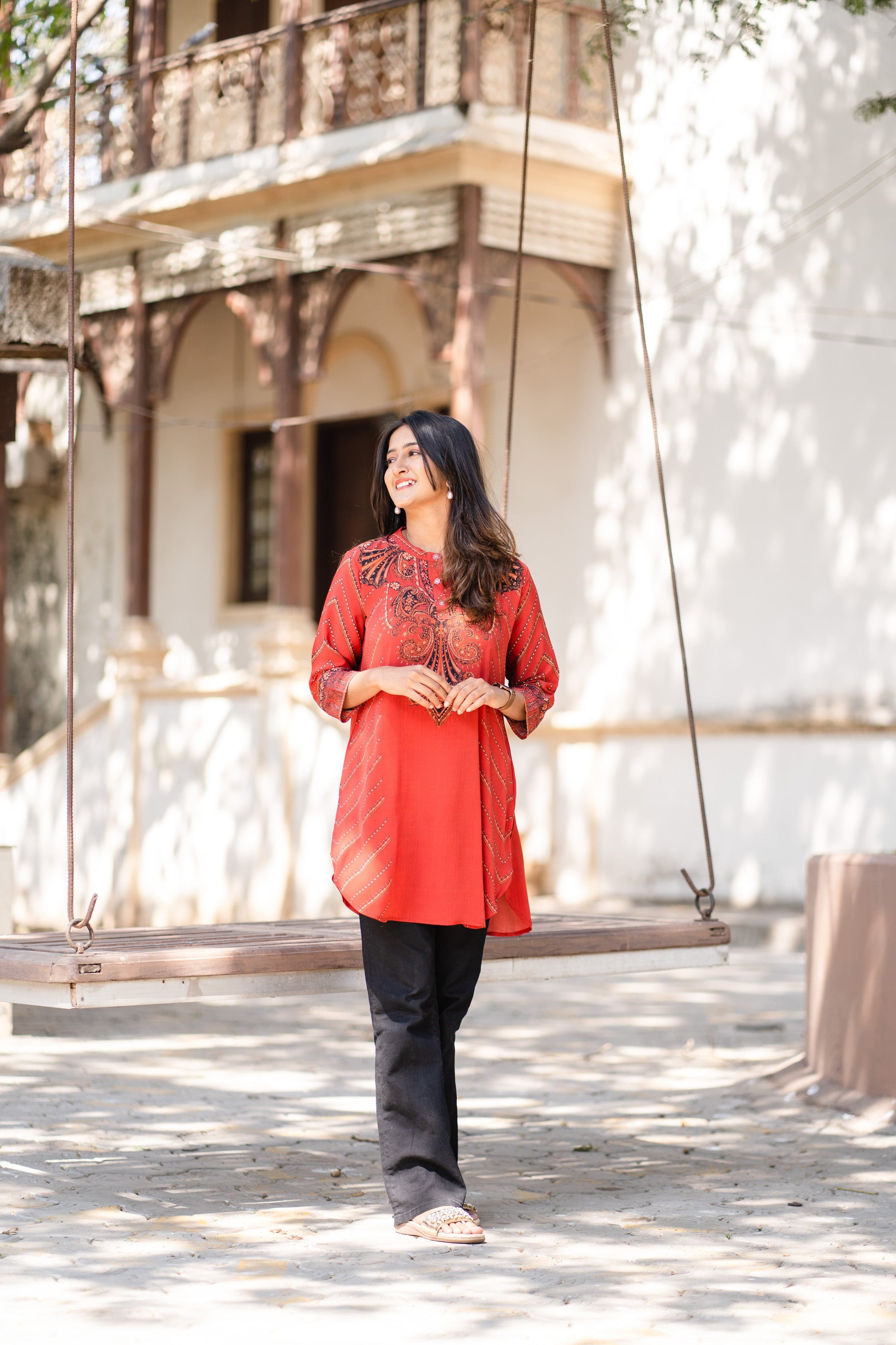 Tomato Red Placement Tunic - Jeeaayanu Fashion