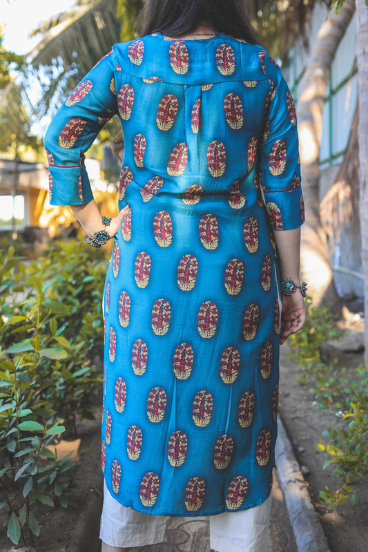 Turquoise Motif Kurta - Jeeaayanu Fashion