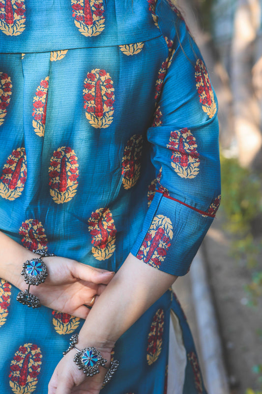 Turquoise Motif Kurta - Jeeaayanu Fashion