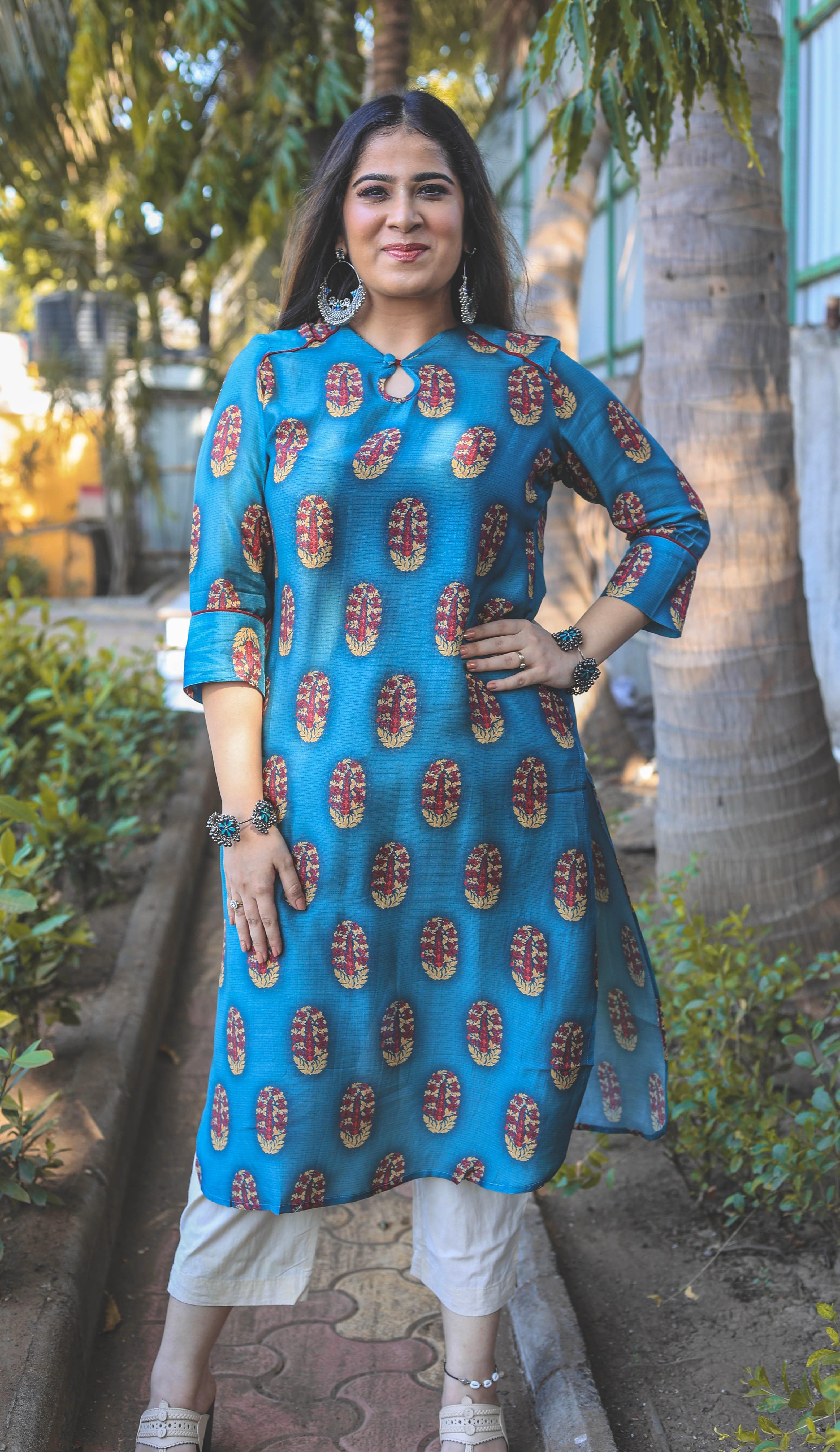 Turquoise Motif Kurta - Jeeaayanu Fashion